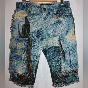 Rebel Vengeance Van Gogh Starry Night Blue Jean Cargo Shorts. 28". NWOT.